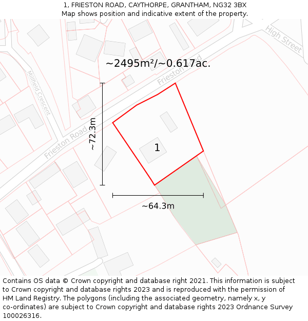 1, FRIESTON ROAD, CAYTHORPE, GRANTHAM, NG32 3BX: Plot and title map