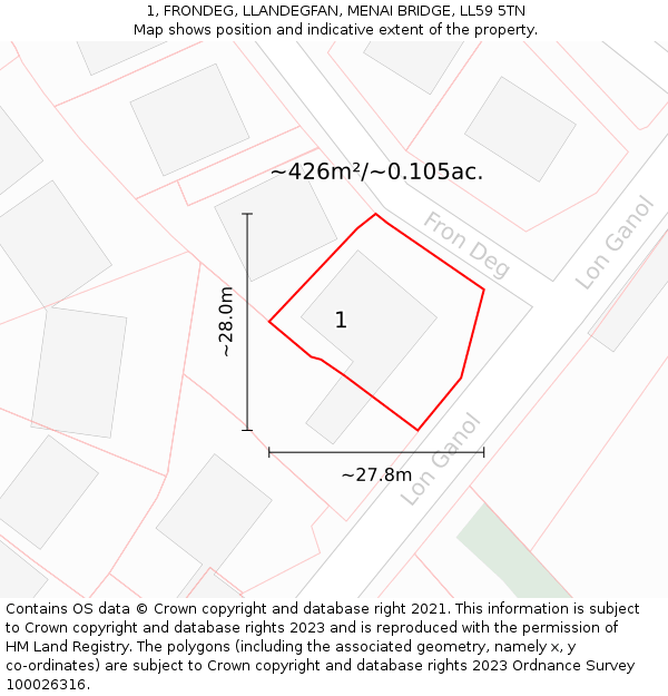 1, FRONDEG, LLANDEGFAN, MENAI BRIDGE, LL59 5TN: Plot and title map