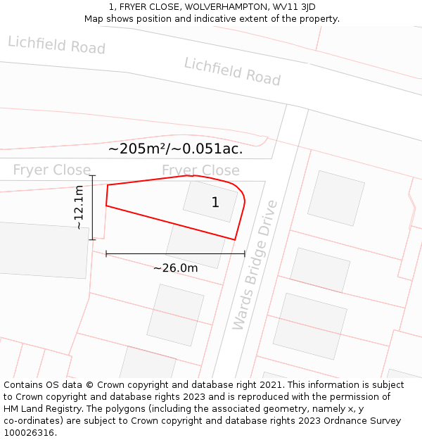 1, FRYER CLOSE, WOLVERHAMPTON, WV11 3JD: Plot and title map