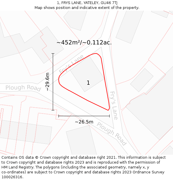 1, FRYS LANE, YATELEY, GU46 7TJ: Plot and title map