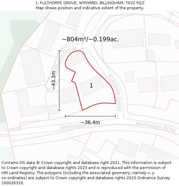 1, FULTHORPE GROVE, WYNYARD, BILLINGHAM, TS22 5QZ: Plot and title map