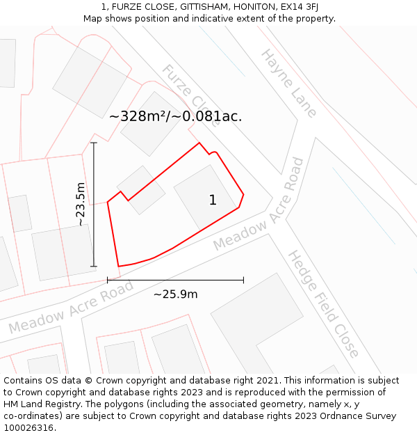 1, FURZE CLOSE, GITTISHAM, HONITON, EX14 3FJ: Plot and title map