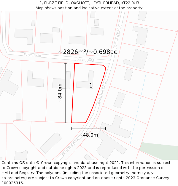 1, FURZE FIELD, OXSHOTT, LEATHERHEAD, KT22 0UR: Plot and title map