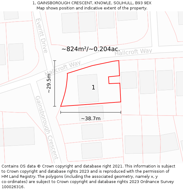 1, GAINSBOROUGH CRESCENT, KNOWLE, SOLIHULL, B93 9EX: Plot and title map