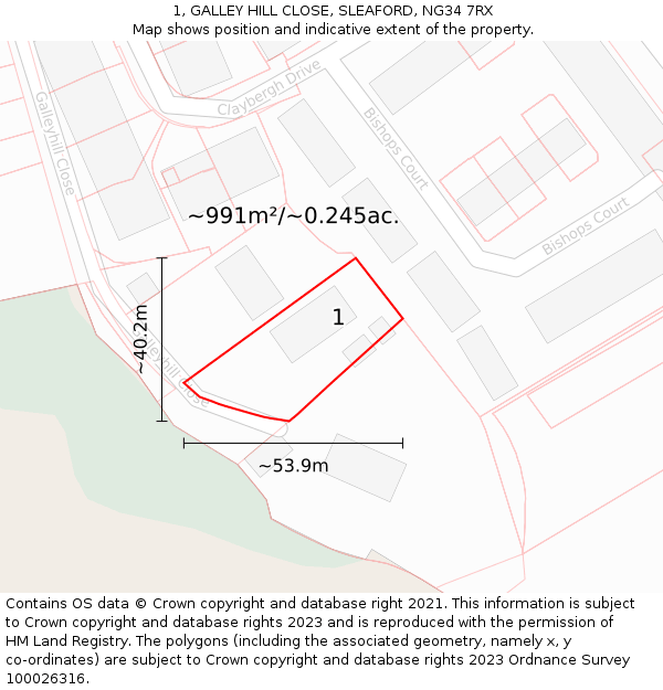 1, GALLEY HILL CLOSE, SLEAFORD, NG34 7RX: Plot and title map