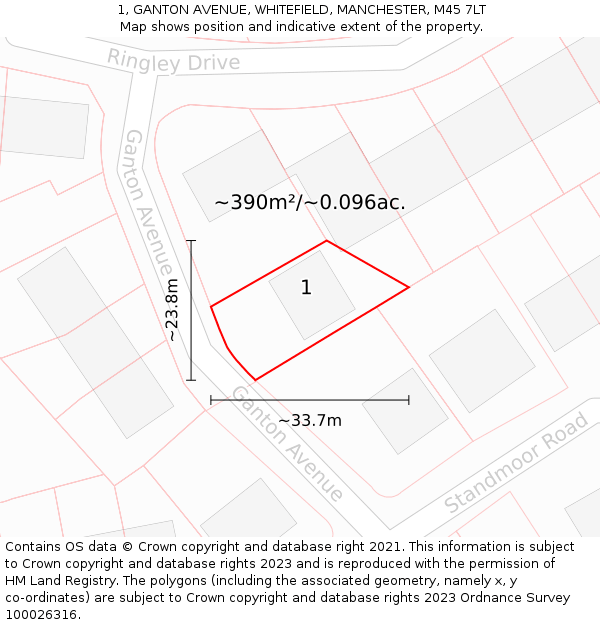 1, GANTON AVENUE, WHITEFIELD, MANCHESTER, M45 7LT: Plot and title map