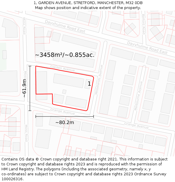 1, GARDEN AVENUE, STRETFORD, MANCHESTER, M32 0DB: Plot and title map