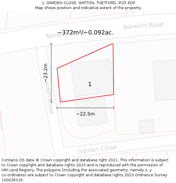 1, GARDEN CLOSE, WATTON, THETFORD, IP25 6DP: Plot and title map