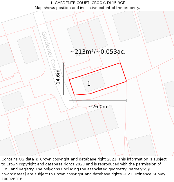 1, GARDENER COURT, CROOK, DL15 9GF: Plot and title map