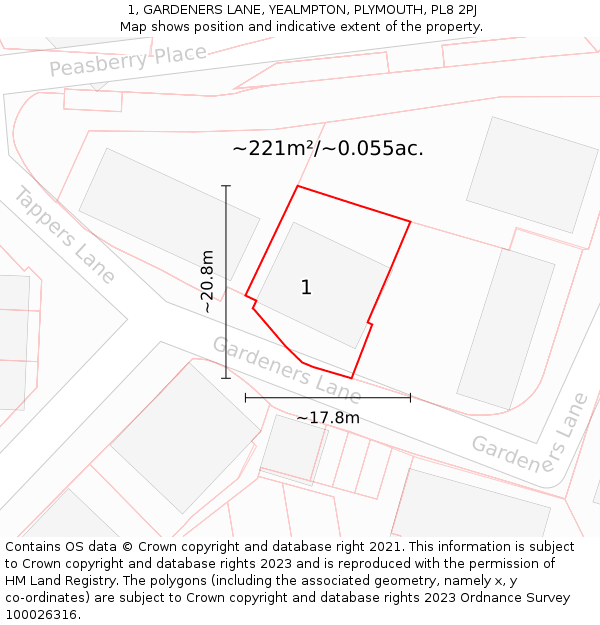 1, GARDENERS LANE, YEALMPTON, PLYMOUTH, PL8 2PJ: Plot and title map