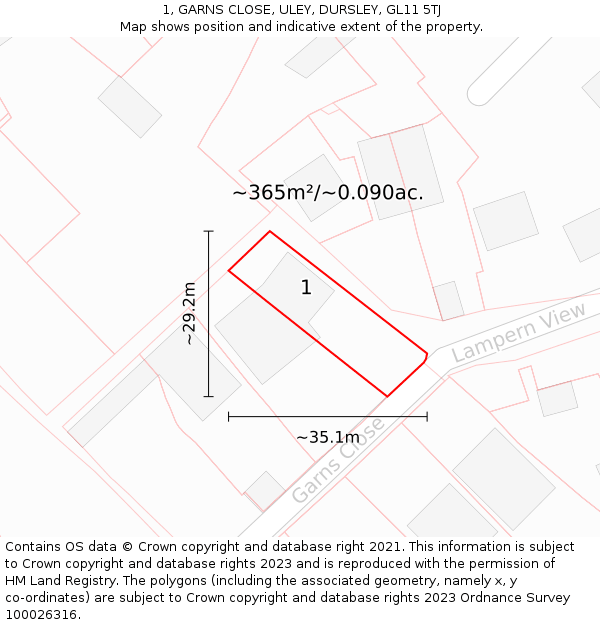 1, GARNS CLOSE, ULEY, DURSLEY, GL11 5TJ: Plot and title map