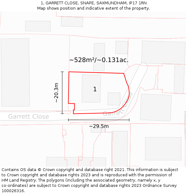 1, GARRETT CLOSE, SNAPE, SAXMUNDHAM, IP17 1RN: Plot and title map