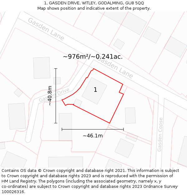 1, GASDEN DRIVE, WITLEY, GODALMING, GU8 5QQ: Plot and title map