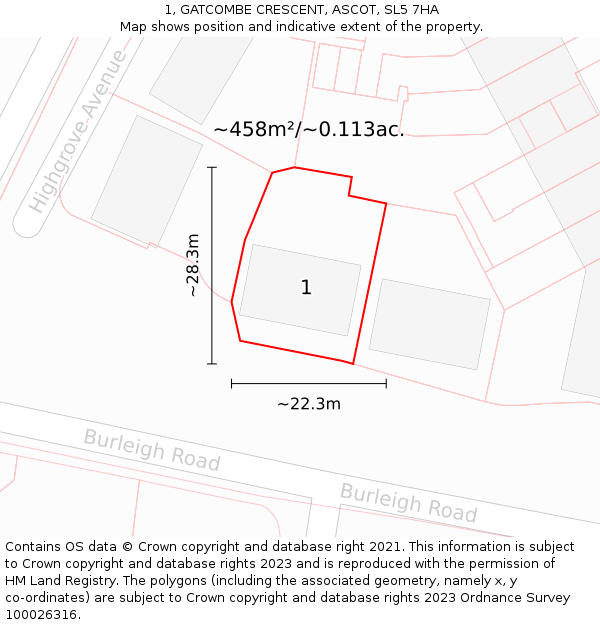 1, GATCOMBE CRESCENT, ASCOT, SL5 7HA: Plot and title map