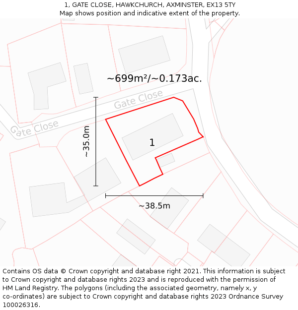 1, GATE CLOSE, HAWKCHURCH, AXMINSTER, EX13 5TY: Plot and title map