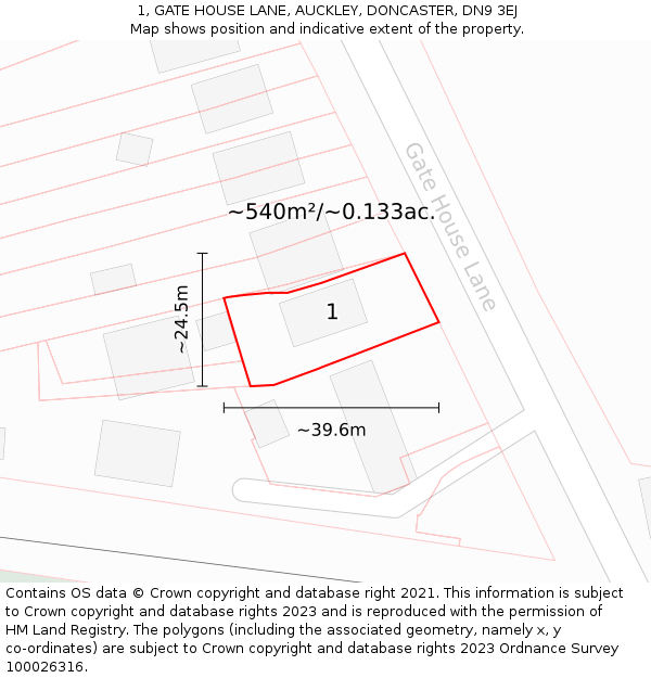 1, GATE HOUSE LANE, AUCKLEY, DONCASTER, DN9 3EJ: Plot and title map