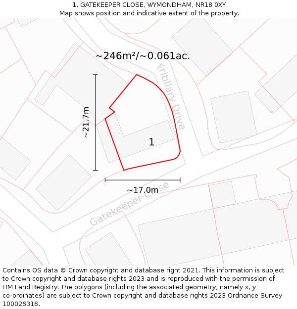 1, GATEKEEPER CLOSE, WYMONDHAM, NR18 0XY: Plot and title map