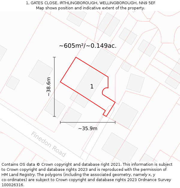 1, GATES CLOSE, IRTHLINGBOROUGH, WELLINGBOROUGH, NN9 5EF: Plot and title map