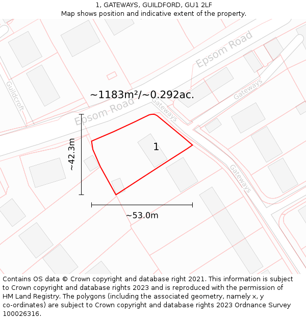 1, GATEWAYS, GUILDFORD, GU1 2LF: Plot and title map