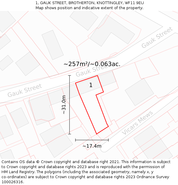 1, GAUK STREET, BROTHERTON, KNOTTINGLEY, WF11 9EU: Plot and title map