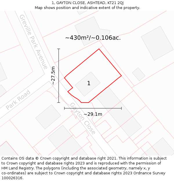 1, GAYTON CLOSE, ASHTEAD, KT21 2QJ: Plot and title map