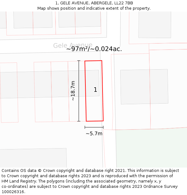 1, GELE AVENUE, ABERGELE, LL22 7BB: Plot and title map