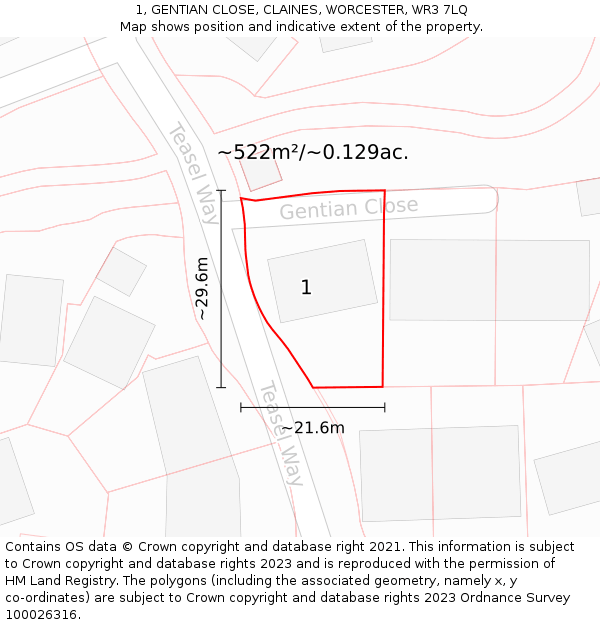 1, GENTIAN CLOSE, CLAINES, WORCESTER, WR3 7LQ: Plot and title map