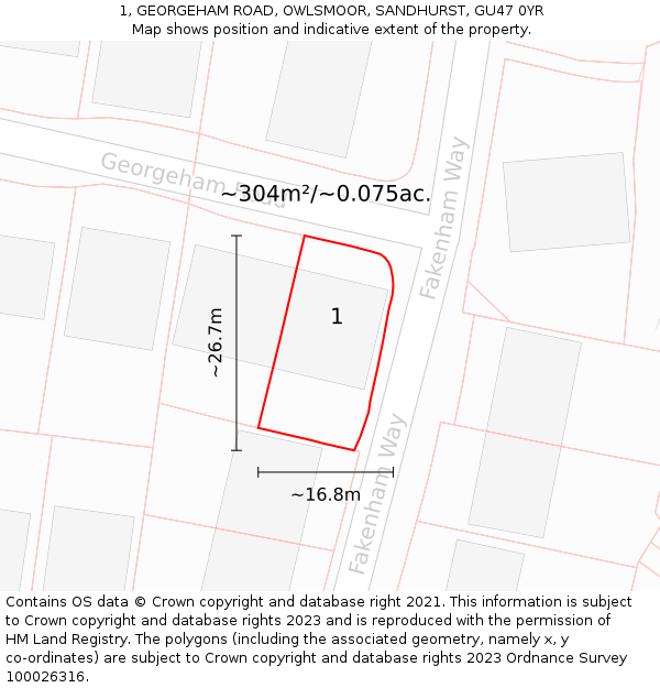 1, GEORGEHAM ROAD, OWLSMOOR, SANDHURST, GU47 0YR: Plot and title map