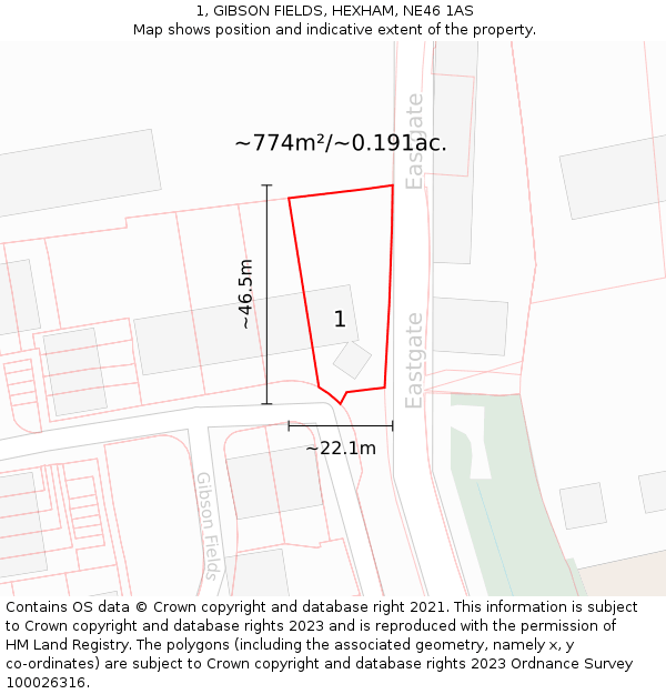 1, GIBSON FIELDS, HEXHAM, NE46 1AS: Plot and title map