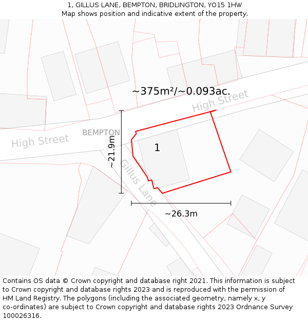 1, GILLUS LANE, BEMPTON, BRIDLINGTON, YO15 1HW: Plot and title map