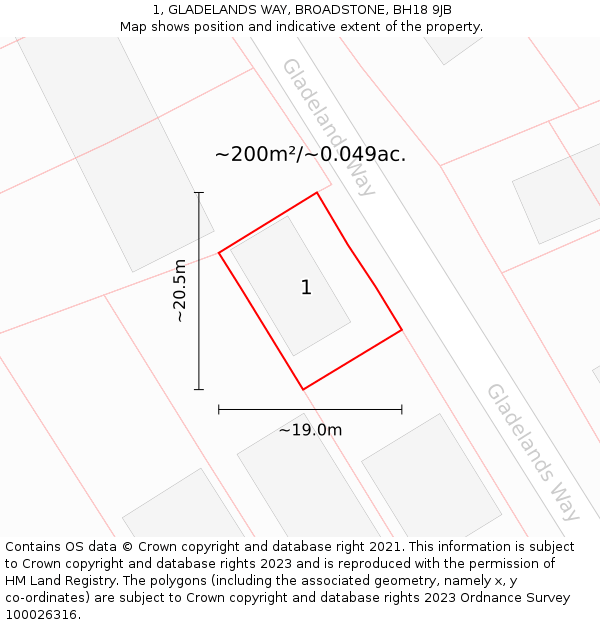 1, GLADELANDS WAY, BROADSTONE, BH18 9JB: Plot and title map