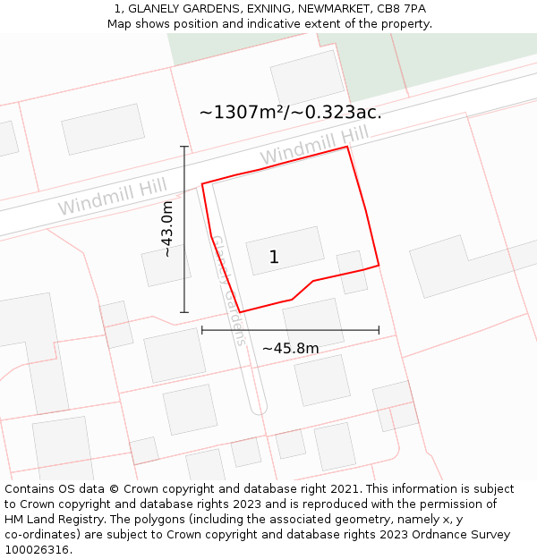 1, GLANELY GARDENS, EXNING, NEWMARKET, CB8 7PA: Plot and title map