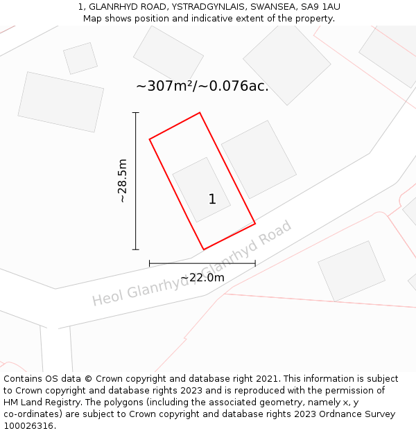 1, GLANRHYD ROAD, YSTRADGYNLAIS, SWANSEA, SA9 1AU: Plot and title map