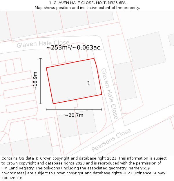 1, GLAVEN HALE CLOSE, HOLT, NR25 6FA: Plot and title map