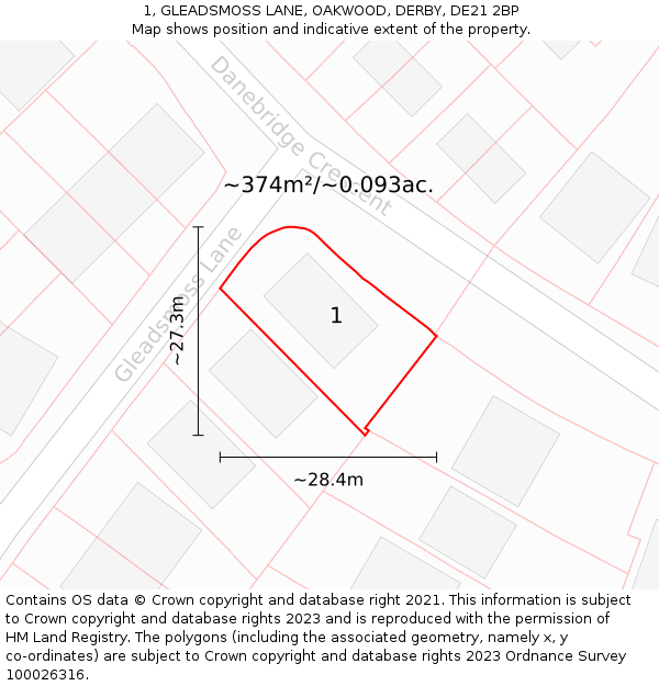 1, GLEADSMOSS LANE, OAKWOOD, DERBY, DE21 2BP: Plot and title map