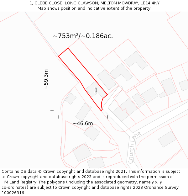 1, GLEBE CLOSE, LONG CLAWSON, MELTON MOWBRAY, LE14 4NY: Plot and title map