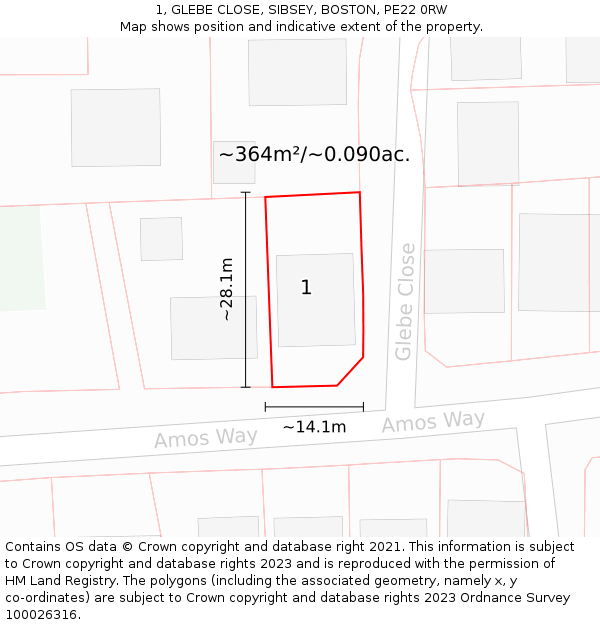 1, GLEBE CLOSE, SIBSEY, BOSTON, PE22 0RW: Plot and title map