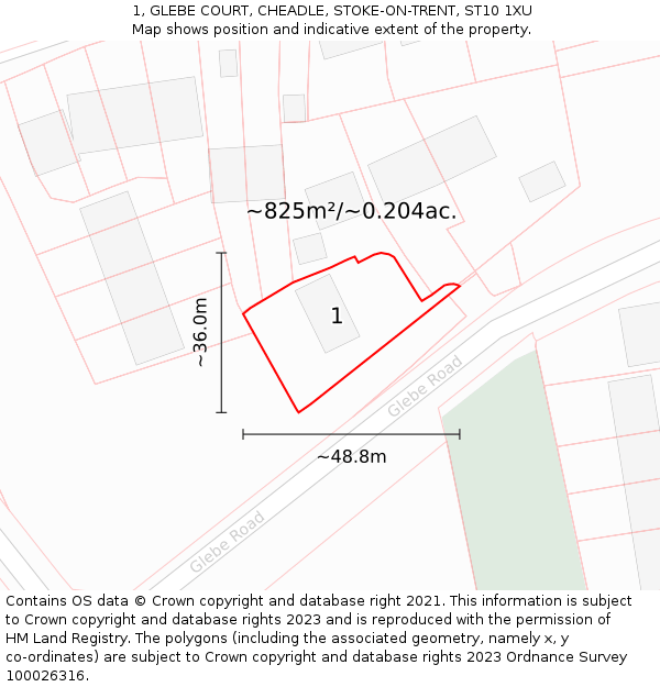 1, GLEBE COURT, CHEADLE, STOKE-ON-TRENT, ST10 1XU: Plot and title map