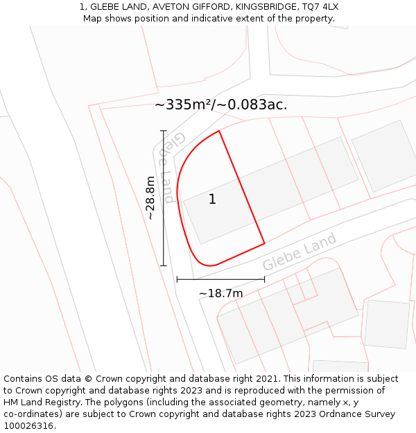 1, GLEBE LAND, AVETON GIFFORD, KINGSBRIDGE, TQ7 4LX: Plot and title map