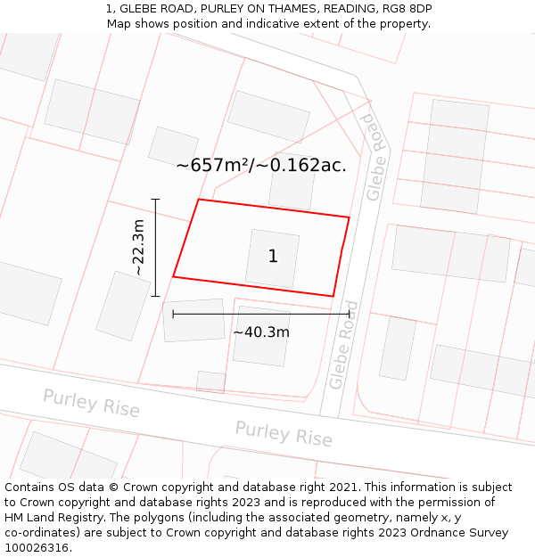 1, GLEBE ROAD, PURLEY ON THAMES, READING, RG8 8DP: Plot and title map