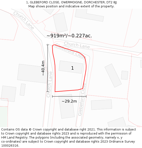 1, GLEBEFORD CLOSE, OWERMOIGNE, DORCHESTER, DT2 8JJ: Plot and title map