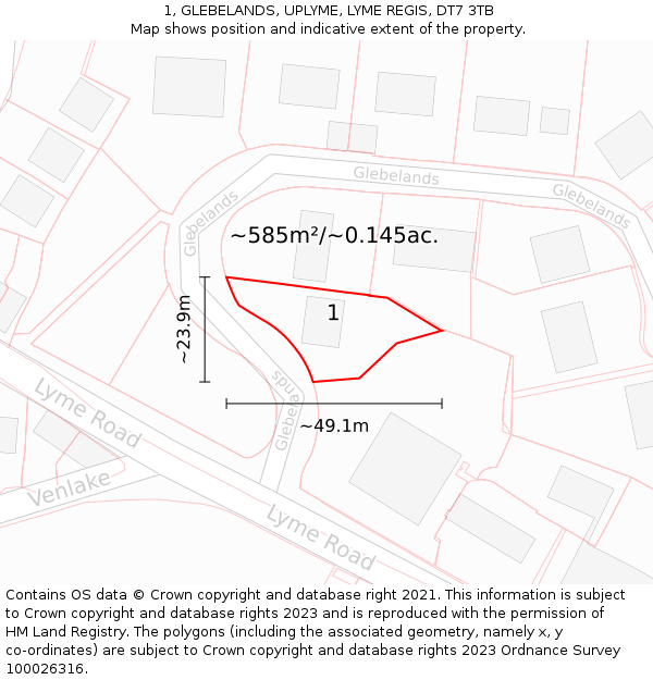 1, GLEBELANDS, UPLYME, LYME REGIS, DT7 3TB: Plot and title map