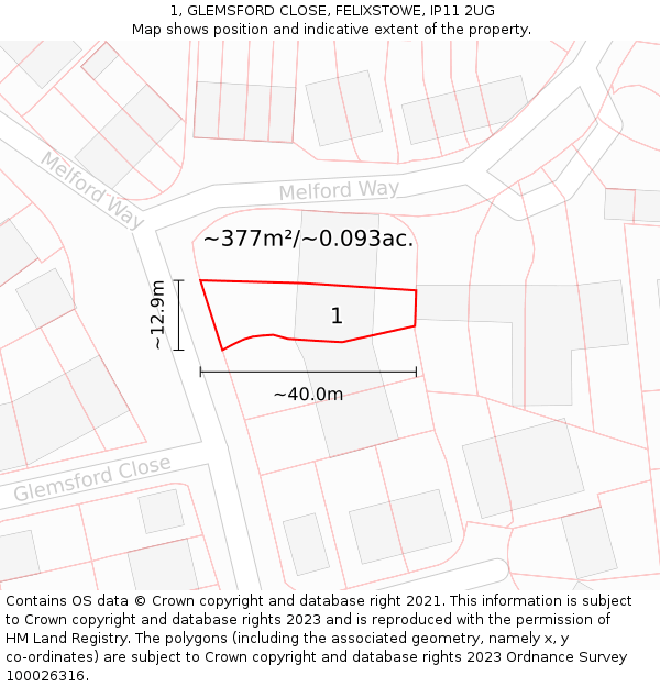 1, GLEMSFORD CLOSE, FELIXSTOWE, IP11 2UG: Plot and title map