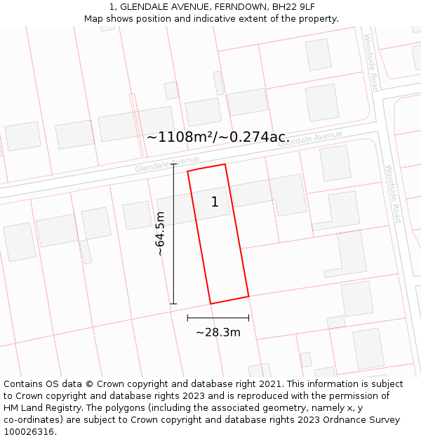 1, GLENDALE AVENUE, FERNDOWN, BH22 9LF: Plot and title map