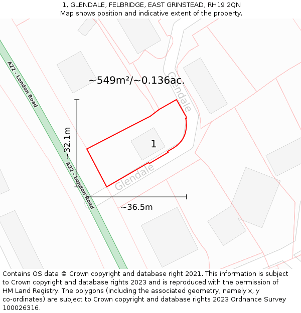 1, GLENDALE, FELBRIDGE, EAST GRINSTEAD, RH19 2QN: Plot and title map