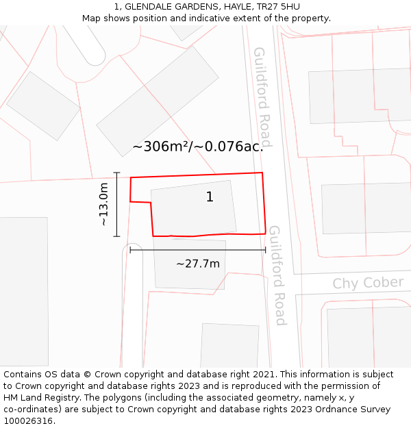 1, GLENDALE GARDENS, HAYLE, TR27 5HU: Plot and title map