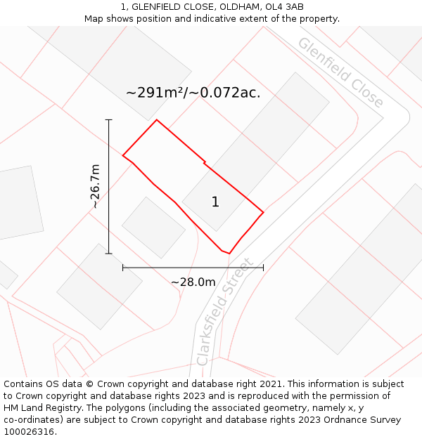 1, GLENFIELD CLOSE, OLDHAM, OL4 3AB: Plot and title map