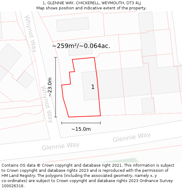 1, GLENNIE WAY, CHICKERELL, WEYMOUTH, DT3 4LJ: Plot and title map