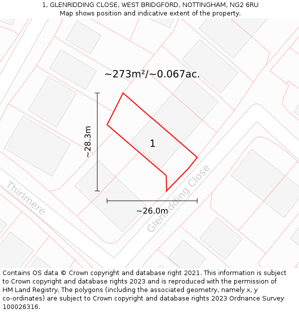 1, GLENRIDDING CLOSE, WEST BRIDGFORD, NOTTINGHAM, NG2 6RU: Plot and title map