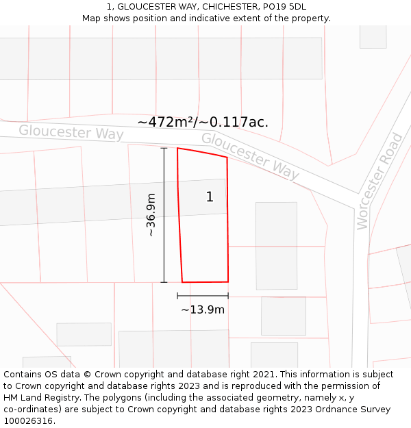 1, GLOUCESTER WAY, CHICHESTER, PO19 5DL: Plot and title map